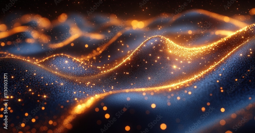 Poster gold and blue glitter particles abstract background with bokeh light and texture for holiday and chr