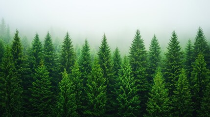 Fototapeta premium A serene forest scene shrouded in mist, showcasing lush green pine trees.