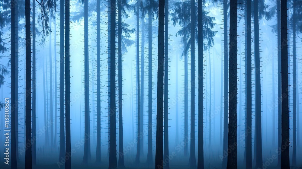 Poster Mysterious blue forest with tall trees shrouded in fog, creating a serene atmosphere.