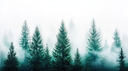 Fototapeta premium Misty forest scene with tall evergreen trees, evoking tranquility and natural beauty.