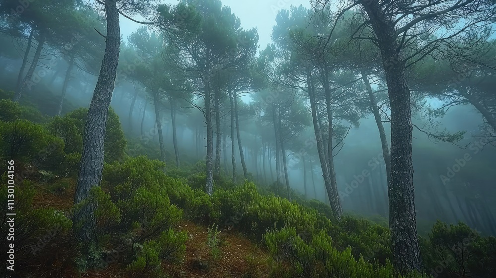 Poster misty forest landscape with towering trees surrounded by lush greenery and soft fog.