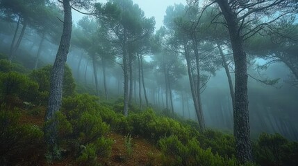 Misty forest landscape with towering trees surrounded by lush greenery and soft fog.