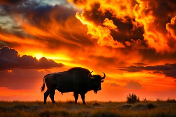 Naklejka premium A buffalo is standing in a field with a beautiful sunset in the background