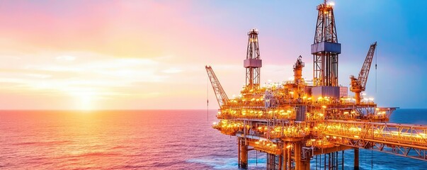 Oil rig at sunset, showcasing energy and industrial work on the ocean.