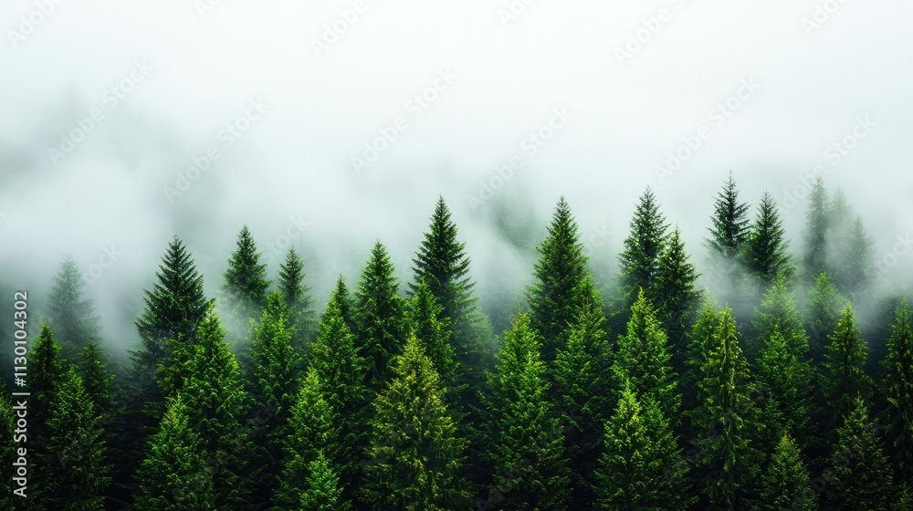 Poster lush green trees in a misty forest creating a serene and tranquil atmosphere.