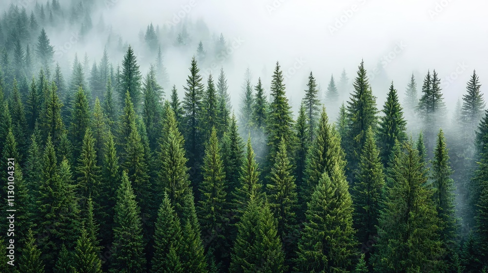 Aufkleber lush green pine forest shrouded in mist, creating a serene and tranquil atmosphere.