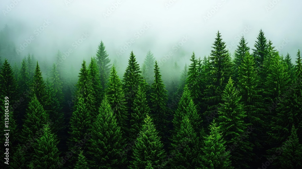 Poster Misty forest landscape with dense green pine trees and soft fog coverage.
