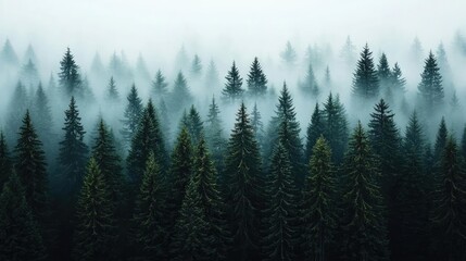 Fototapeta premium Misty forest landscape with tall pine trees surrounded by dense fog and natural beauty.