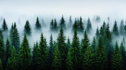 Fototapeta premium A serene forest landscape enveloped in a mystical fog, showcasing lush green coniferous trees.