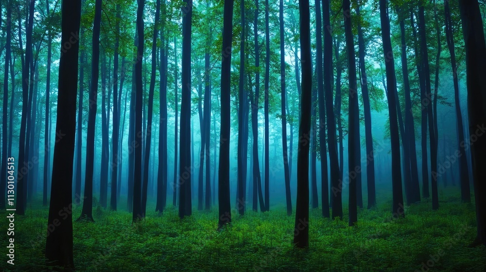 Poster A serene forest landscape with tall trees and mist creating a tranquil atmosphere.