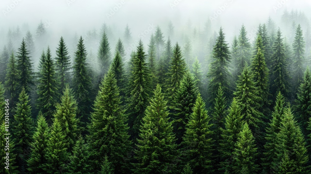 Poster lush green forest with misty atmosphere creating a tranquil natural scenery.