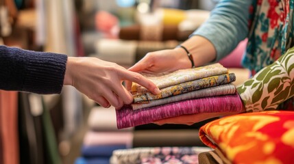 Woman hands exchanging colorful fabric samples