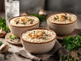 Three bowls of creamy soup with mushrooms and herbs on a rustic wooden table.