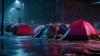 illustration of a homeless area with tents under a bridge and an old homeless grandfather with a cyberpunk theme