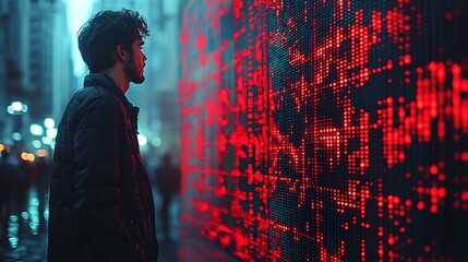 Businessman Observing Holographic Chart Plummeting Symbolizing Financial Crisis and Market Crash