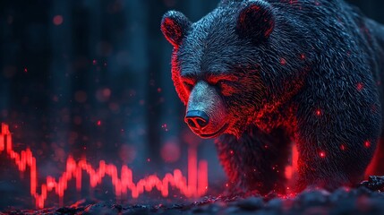 Bearish Ursine Statue Looming Over Crashing Market Graphs