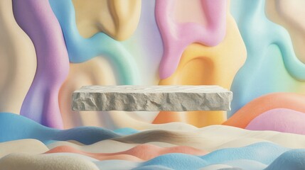 A floating stone-textured podium, set against a backdrop of pastel blobs and wavy shapes