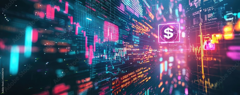 Poster Currency value idea. Futuristic digital interface with colorful graphs and financial symbols.