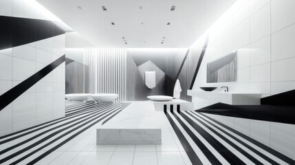Obraz premium Chic monochromatic cleansing room with black and white color scheme, sharp geometric design, and minimalistic aesthetic 
