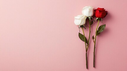Fototapeta premium A beautiful arrangement of red, white, and pink roses on a pastel pink background.