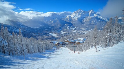 Fototapeta premium Snowy Mountain Resort in Bright Winter Day