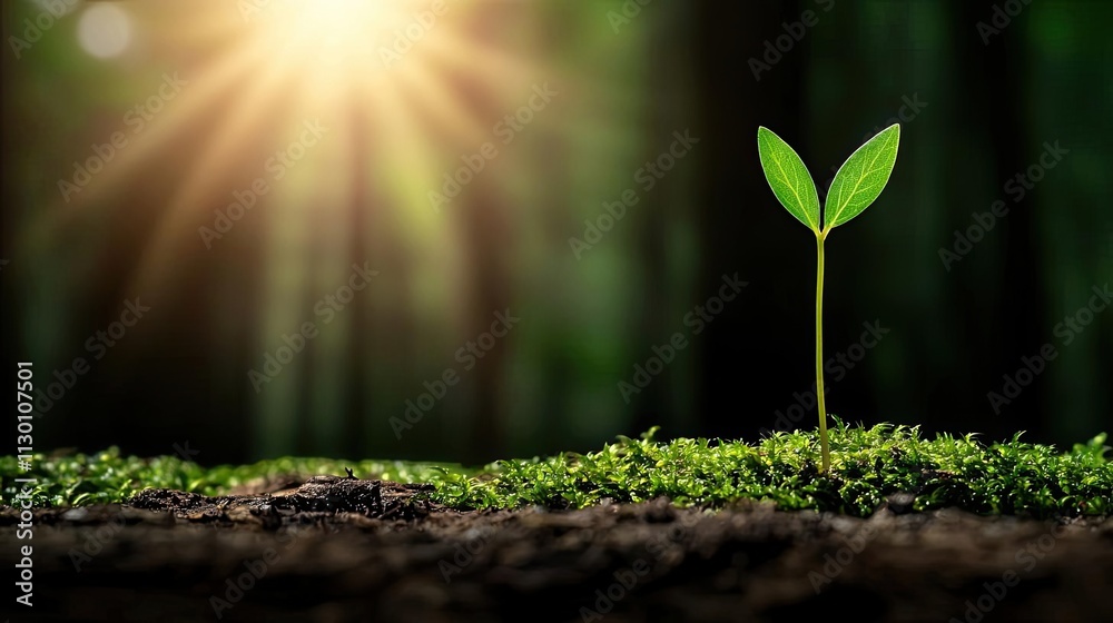 Poster a singular green sprout emerging from lush moss in a sunlit forest setting.