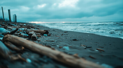 Deserted Beach Littered with Washed Up Plastic Waste and Driftwood Debris