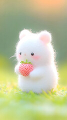 Fototapeta premium Cute Fluffy Bunny Holding a Strawberry in a Green Field