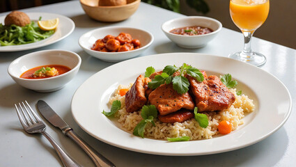 Grilled chicken with rice and vegetables on a white plate for elegant dining