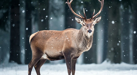 A majestic deer with large antlers standing in a snowy forest, creating a serene winter wildlife scene