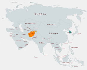 Political Map of Asia Highlighting Afghanistan and  south korea With Country Names