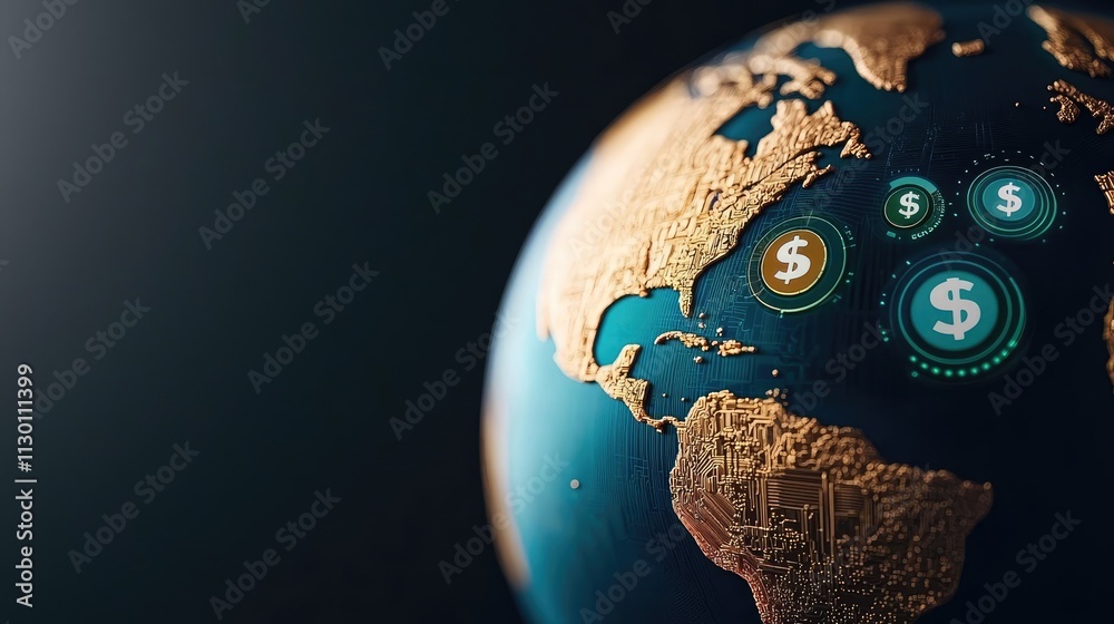 Poster currency value idea. conceptual image of a globe highlighting global finance and economic connection