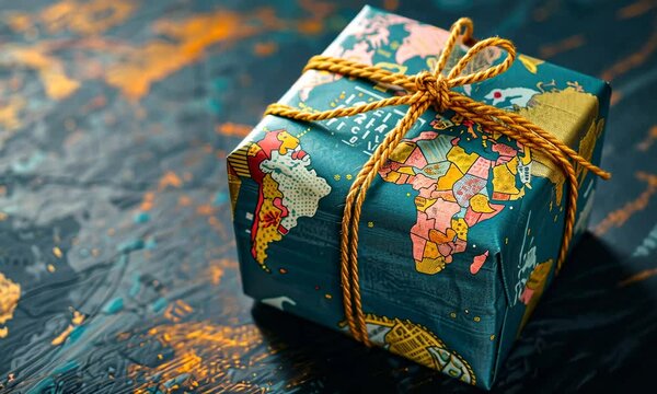 Gift wrapped in world map paper tied with twine, on colorful background