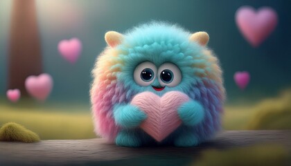 A small, cute, illustrated, fantasy, pastel color creature of wool holding a love heart. A baby monster from a children's fairy tale