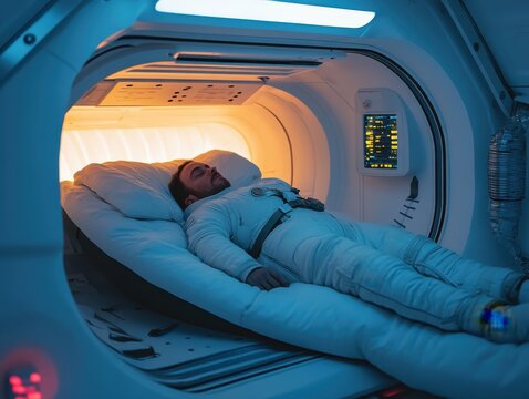 Astronaut Sleeping in Futuristic CryoSleep Pod Chamber