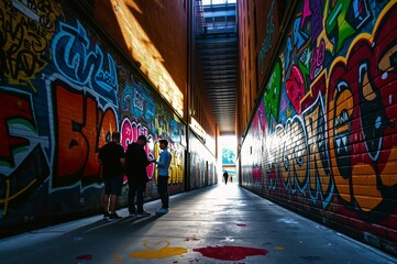 Urban Alleyway with Street Art and Vibrant Graffiti