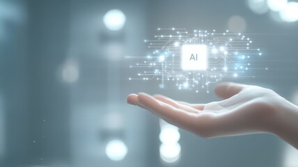 Fototapeta premium hand with an AI chip floating above it, symbolizing the integration of artificial intelligence in technology and business. the text 