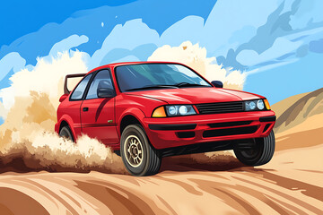 Obraz premium A red car drifting on a sandy terrain, kicking up dust under a blue sky.