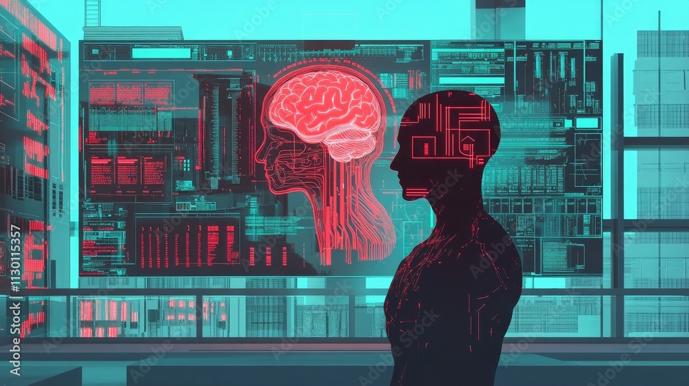 Poster abstract human figure with brain visualization and data elements
