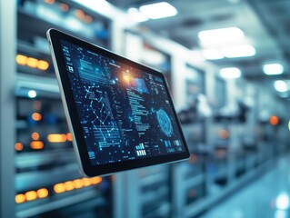 Futuristic Tablet Displays Server Room Data Analytics
