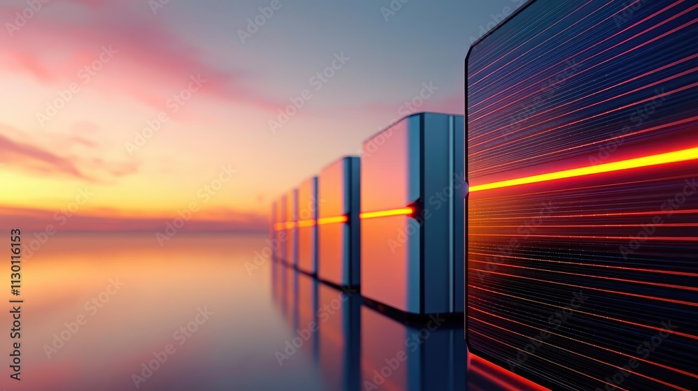 Poster solar sustainability idea. futuristic data servers illuminated by a vibrant sunset reflection on a t