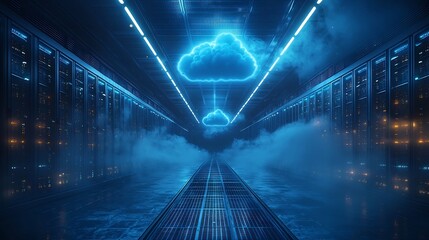 Futuristic Holographic Cloud Floating Above Cutting Edge Data Center with Digital Cubes and Sophisticated Lighting