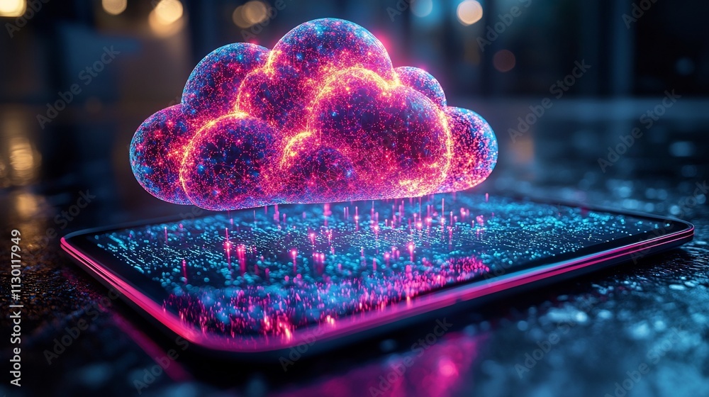 Poster futuristic 3d holographic cloud data display on mobile tablet device symbolizing cloud computing and