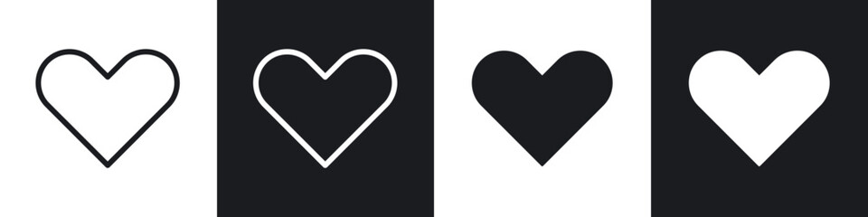 Heart icons pack in black and white filled and outlined versions.