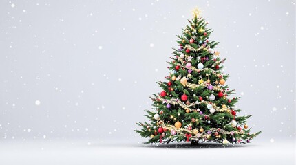 Evergreen tree in a festive holiday setting with ornaments and garland, winter wonderland, garland, cozy atmosphere, sparkling ornaments
