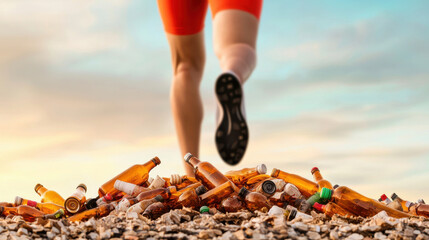 Endurance Alcohol concept. Running over broken alcohol bottles on beach at sunset