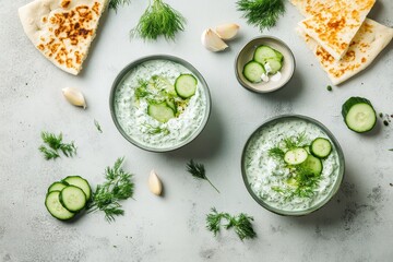 Fresh cucumber yogurt dip with herbs, garlic, and flatbread on a light background.