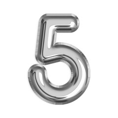 5 English Number silver foil balloon isolated on transparent background PNG, 3d silver alphabet