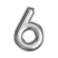 6 English Number silver foil balloon isolated on transparent background PNG, 3d silver alphabet