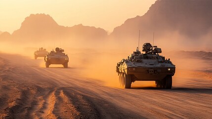 Fototapeta premium Military vehicles convoy traversing a dusty desert road at sunset.